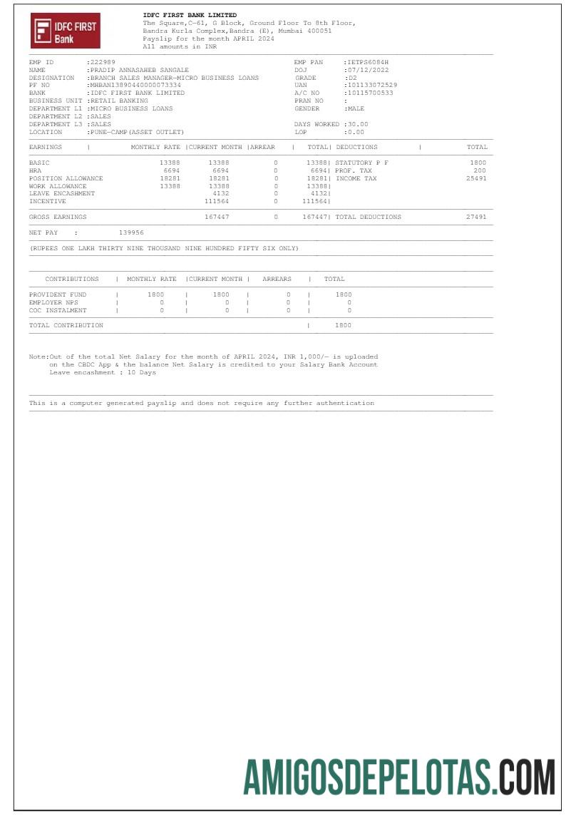 Imprimível Modelo de recibo de pagamento do IDFC First Bank LTD em formatos Word e PDF.pdf, 1